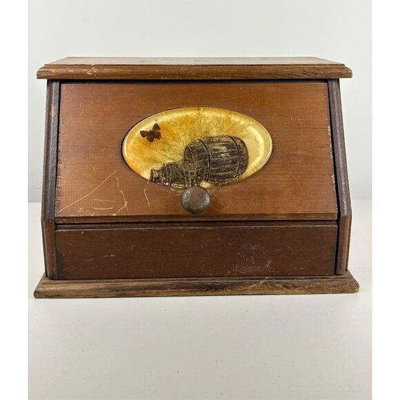 Vintage Wooden Bread Box w/ Lucite Inlay Tile Barrels and Butterfly - Picture 1 of 11
